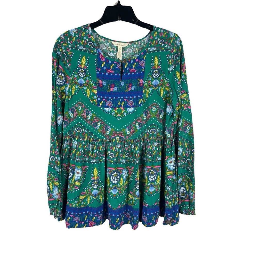 Matilda Jane Womens M Floral Paisley Babydoll Tunic Top Green Blue Long Sleeve